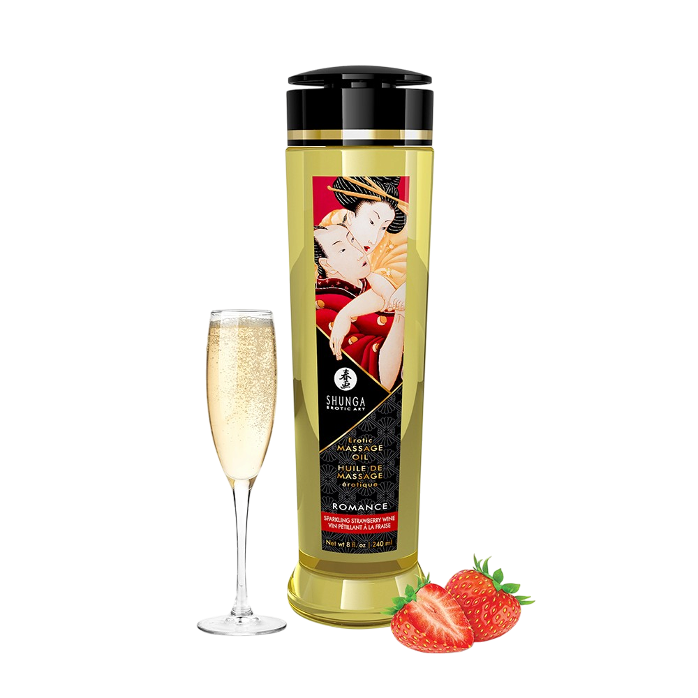 Flacon d'huile de massage Shunga Romance fraise vin petillant 240ml avec flute de champagne et fraises - Oh My God'Z