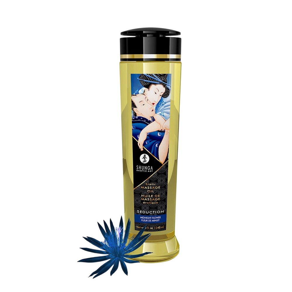 Flacon doré d'huile de massage Shunga Seduction fleur de minuit 240 ml avec fleur bleue - Oh My God'Z
