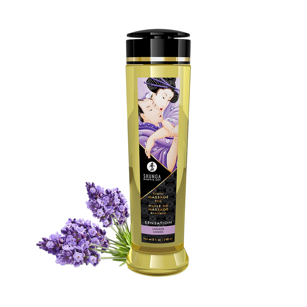 Flacon doseur d'huile de massage Shunga Sensation lavande 240 ml, liquide dore, avec fleurs de lavande - Oh My God'Z