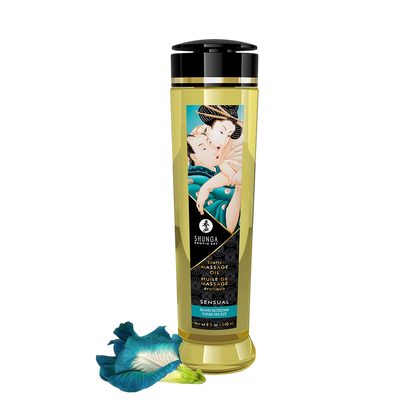 Flacon doseur huile de massage Shunga Sensual fleurs des iles 240ml, liquide dore et fleur bleue - Oh My God'Z