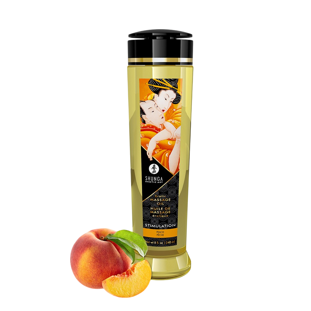 Flacon doseur noir et dore d'huile de massage Shunga Stimulation peche 240 ml avec fruits frais - Oh My God'Z