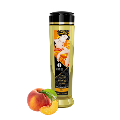 Flacon doseur noir et dore d'huile de massage Shunga Stimulation peche 240 ml avec fruits frais - Oh My God'Z