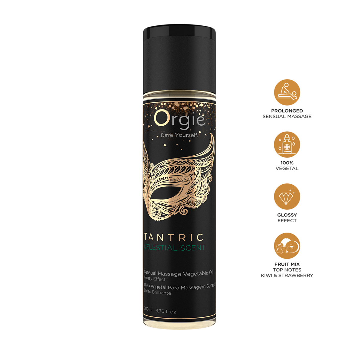 Flacon noir et dore 200 ml d'huile de massage Tantric Celestial Scent Orgie, masque venitien - Oh My God'Z