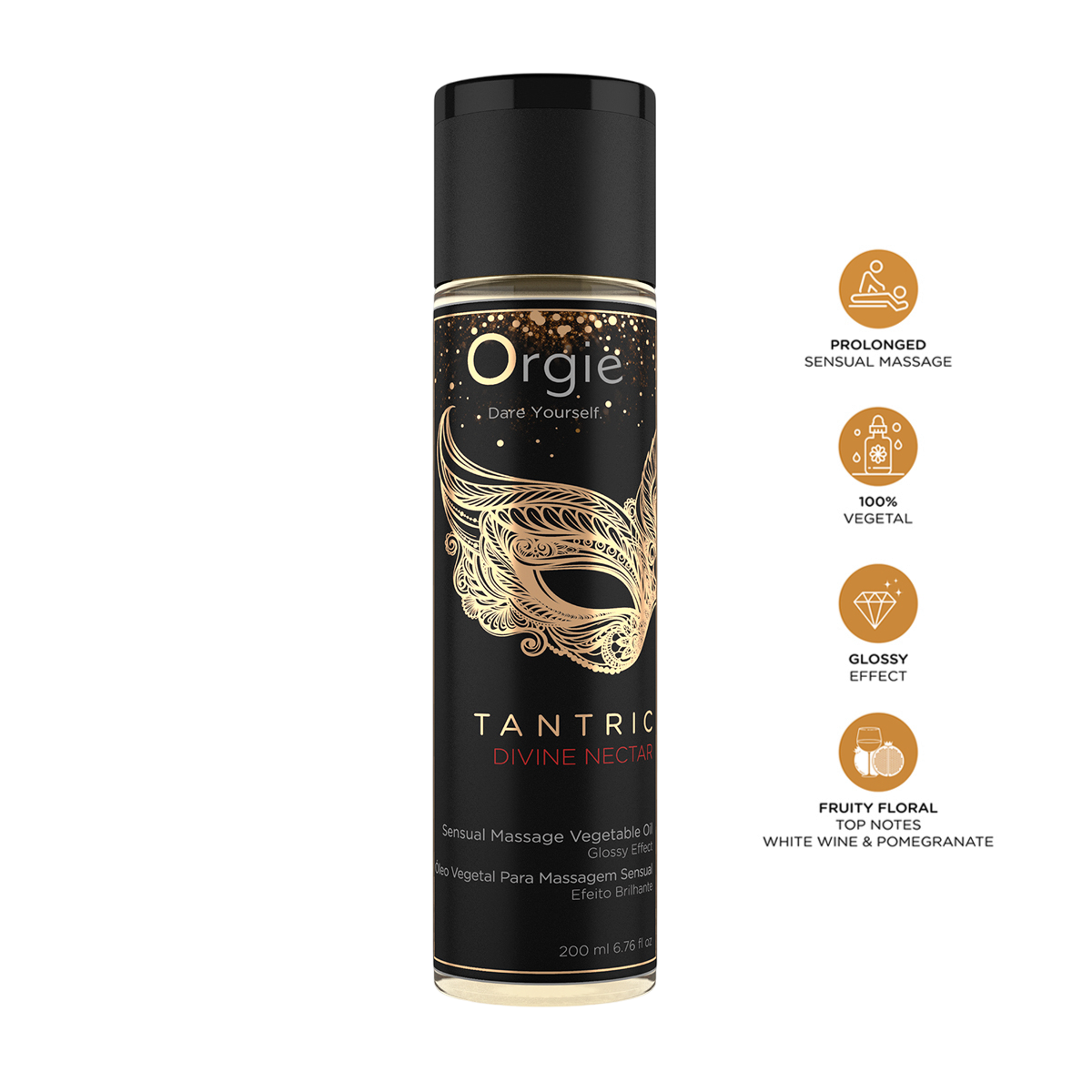 Flacon noir et dore Huile de massage Tantric Divine Nectar Orgie 200 ml, huile vegetale brillante - Oh My God'Z