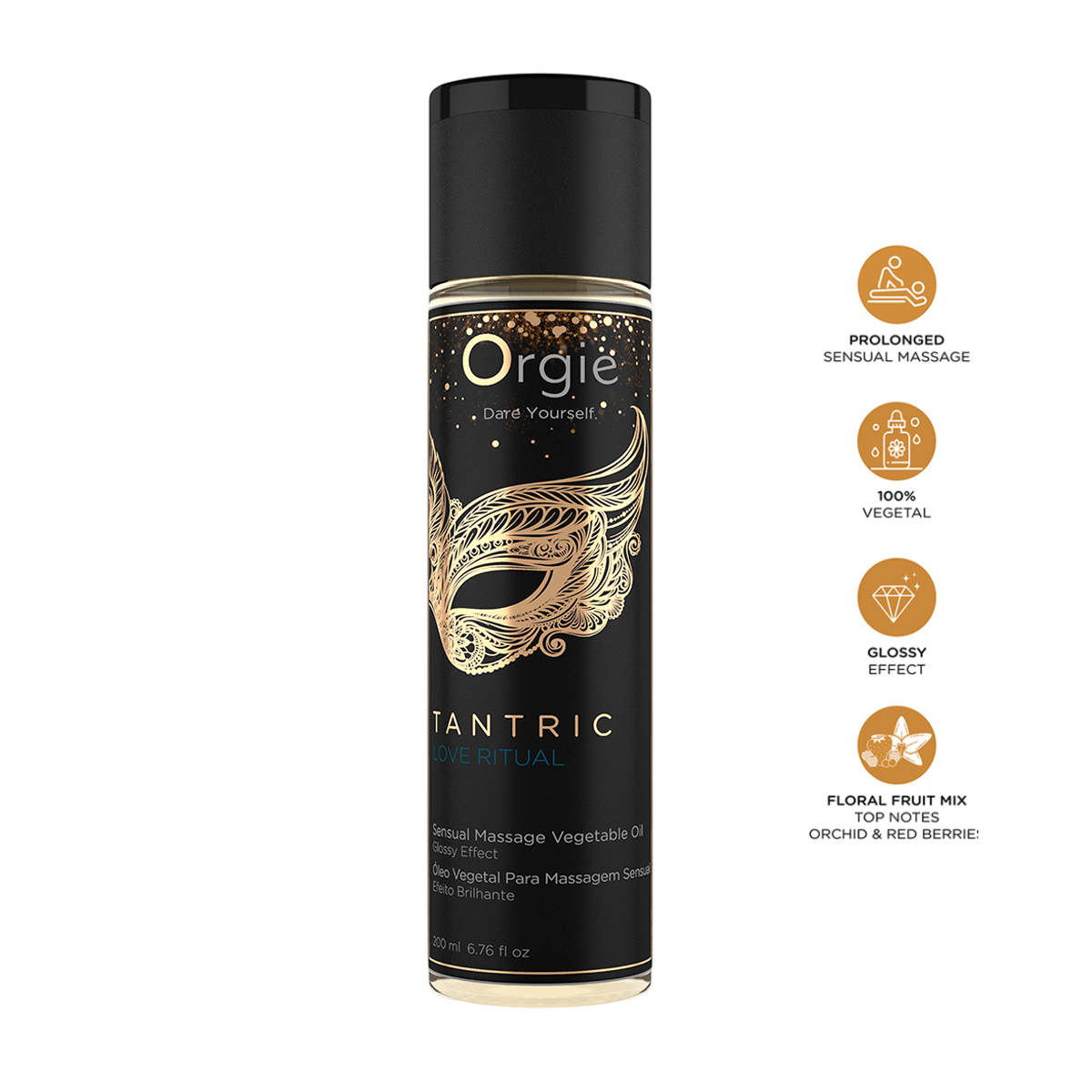 Flacon noir et dore d'huile de massage Tantric Love Ritual Orgie 200 ml, effet brillant vegetal - Oh My God'Z