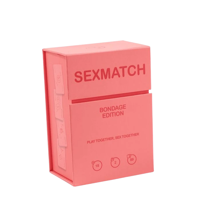 Boîtier rose corail du jeu Sexmatch Bondage Edition fermé sur fond blanc - Oh My God'Z