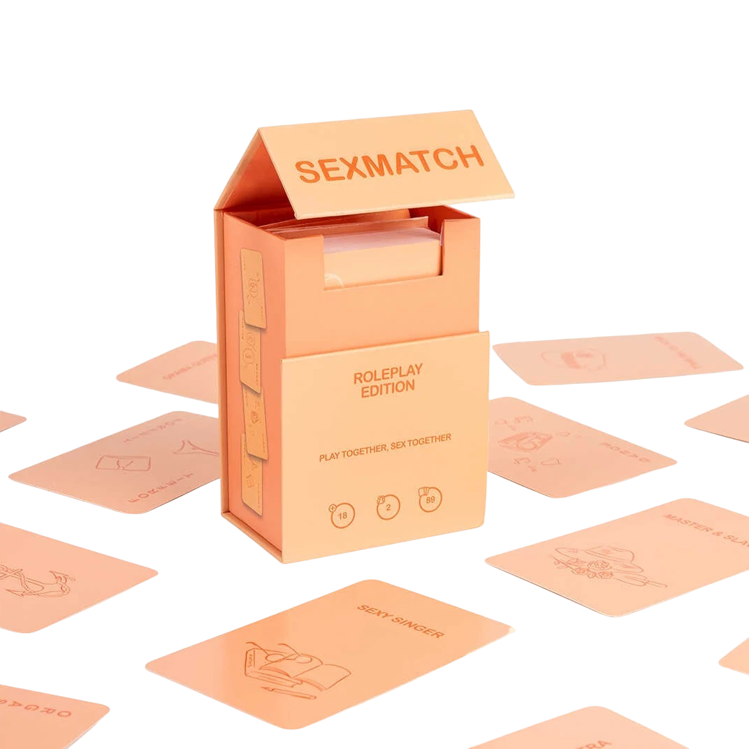 Coffret Sexmatch Roleplay Edition ouvert montrant les cartes a l'interieur, teinte peche - Oh My God'Z