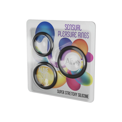 Emballage blister du kit 3 cockrings Sensual Pleasure Rings Alive, anneaux noirs en silicone extensible - Oh My God'Z