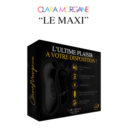 Packaging Le Maxi stimulateur clitoridien Clara Morgane, boîte noire avec inscription dorée - Oh My God'Z