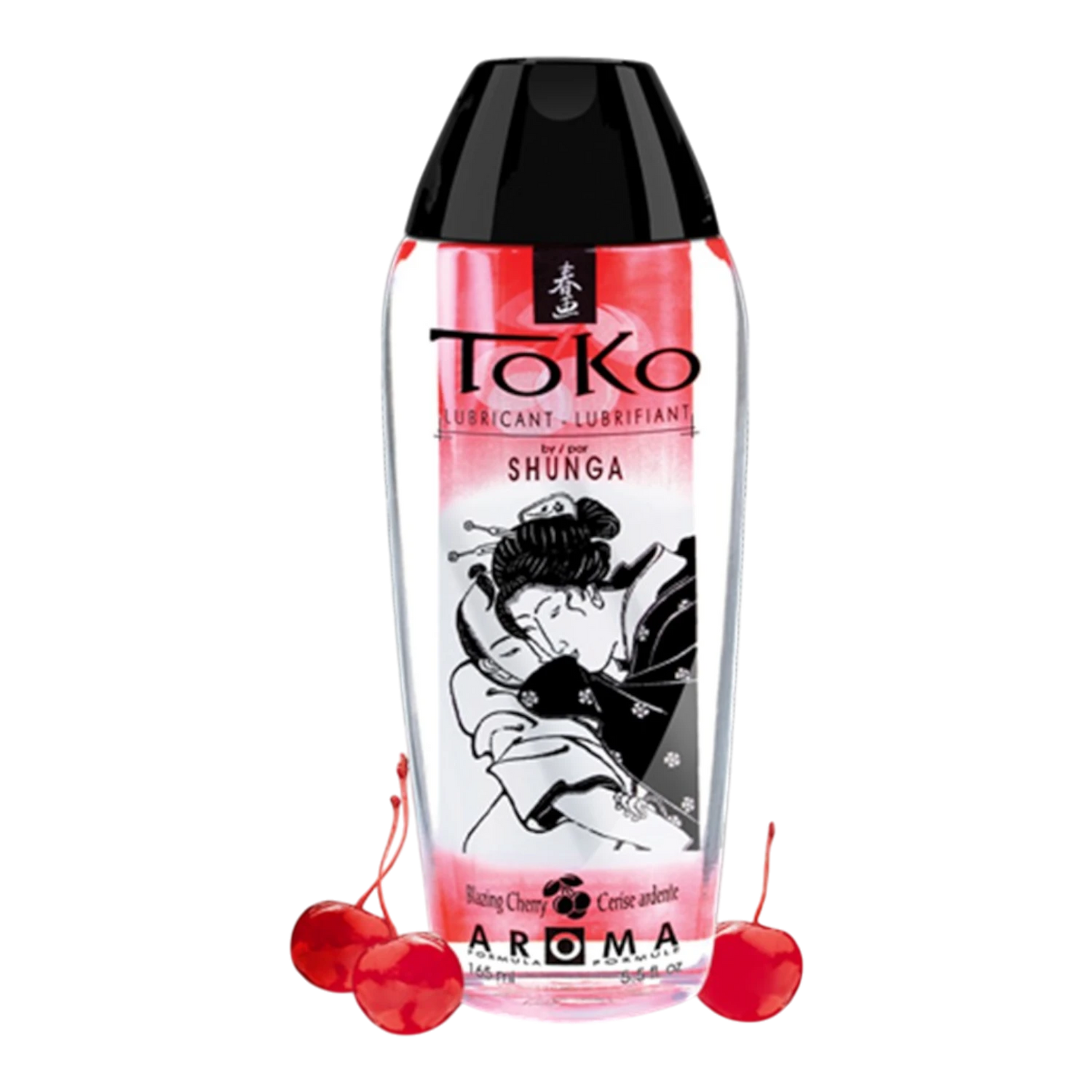 Lubrifiant lêchable Toko Aroma cerise ardente 165ml Shunga, flacon transparent avec cerises - Oh My God'Z