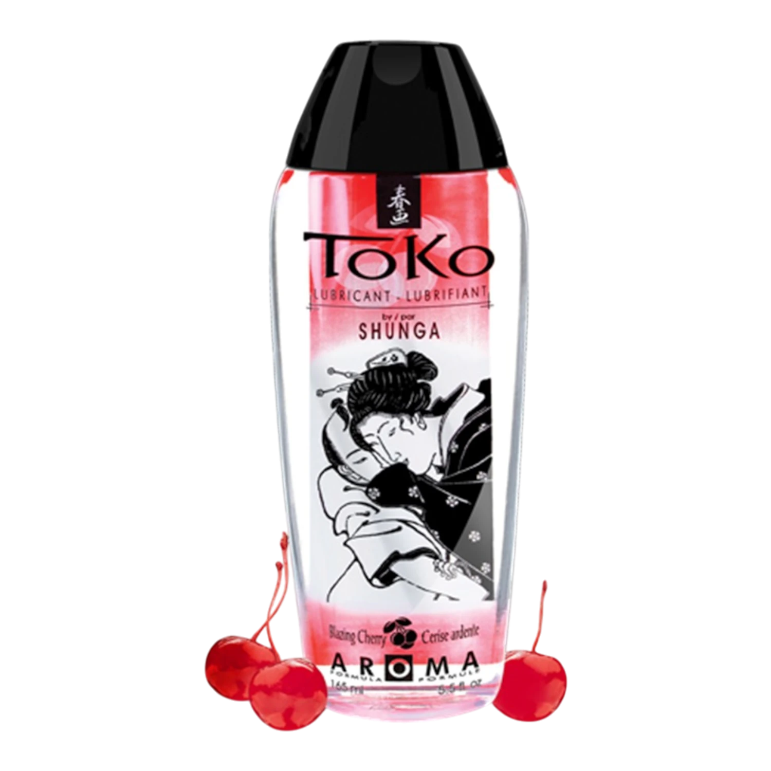 Lubrifiant lêchable Toko Aroma cerise ardente 165ml Shunga, flacon transparent avec cerises - Oh My God'Z