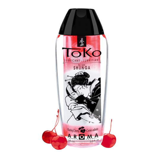 Lubrifiant lêchable Toko Aroma cerise ardente 165ml Shunga, flacon transparent avec cerises - Oh My God'Z