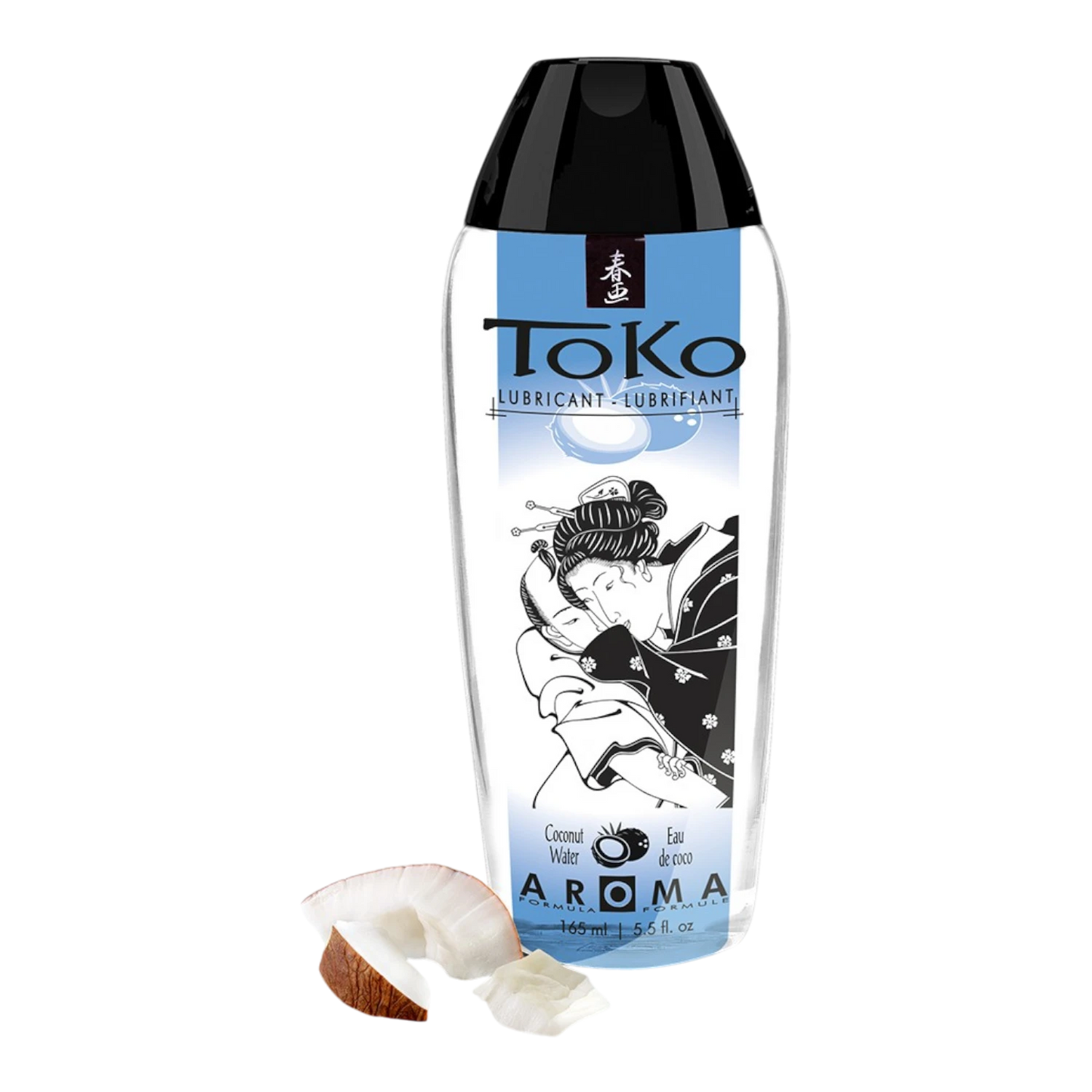 Flacon de lubrifiant Toko saveur eau de coco 165ml avec étiquette bleue et illustration japonaise - Oh My God'Z