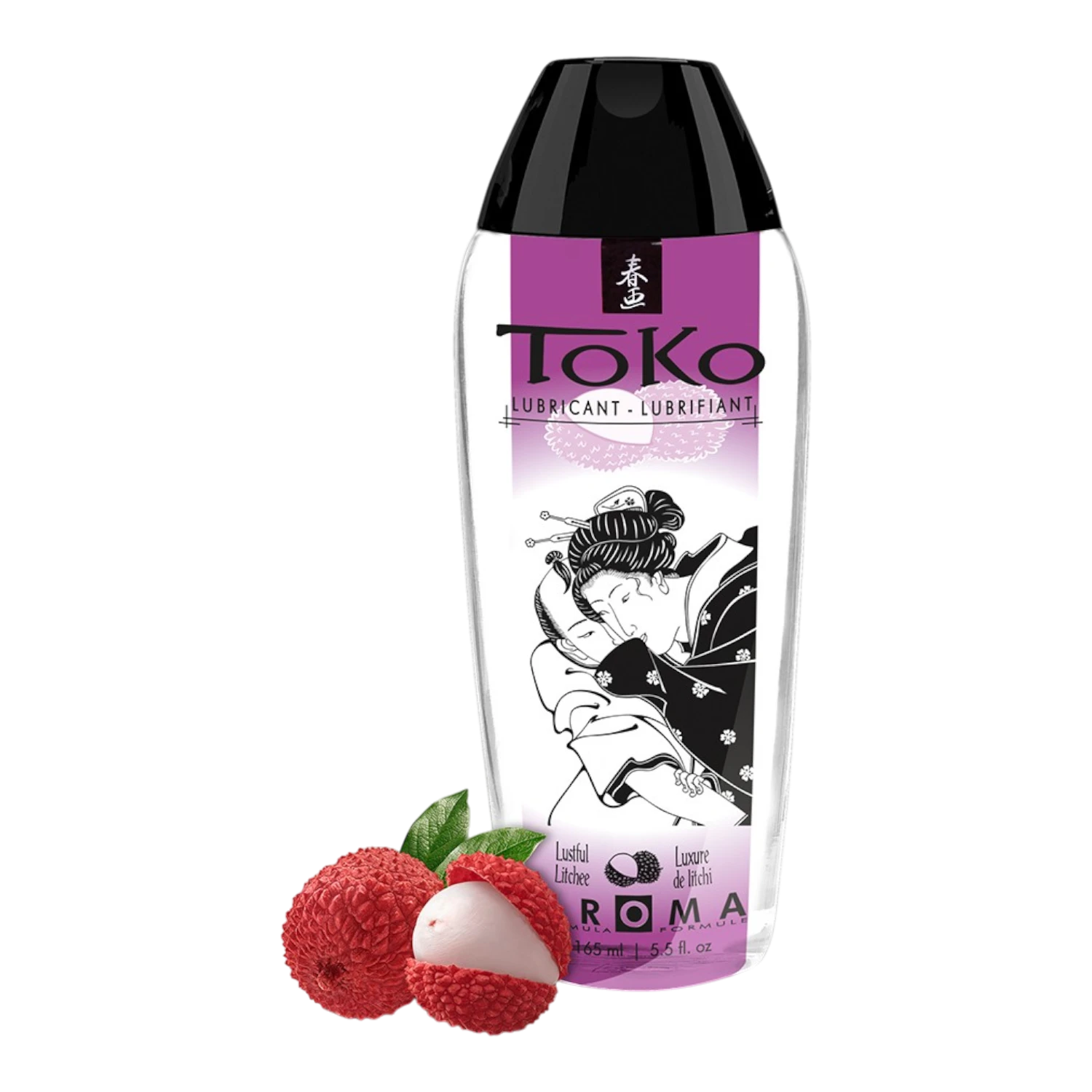 Lubrifiant lêchable Toko litchi 165ml, flacon transparent avec capuchon noir et étiquette violette - Oh My God'Z