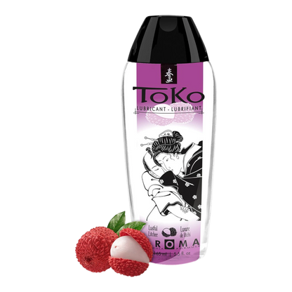 Lubrifiant lêchable Toko litchi 165ml, flacon transparent avec capuchon noir et étiquette violette - Oh My God'Z