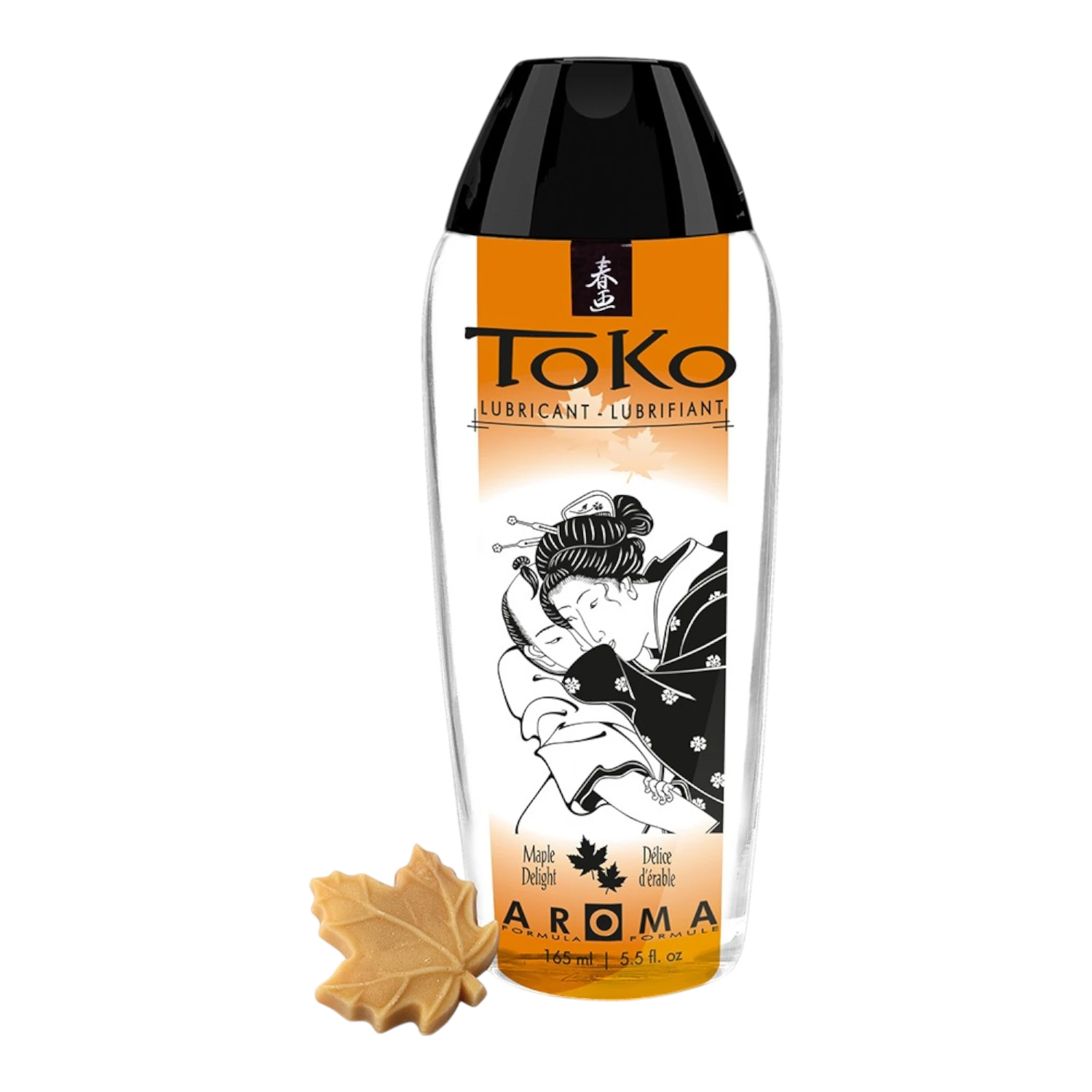 Flacon lubrifiant Toko Aroma saveur érable 165ml, étiquette orange et noire avec illustration geisha - Oh My God'Z