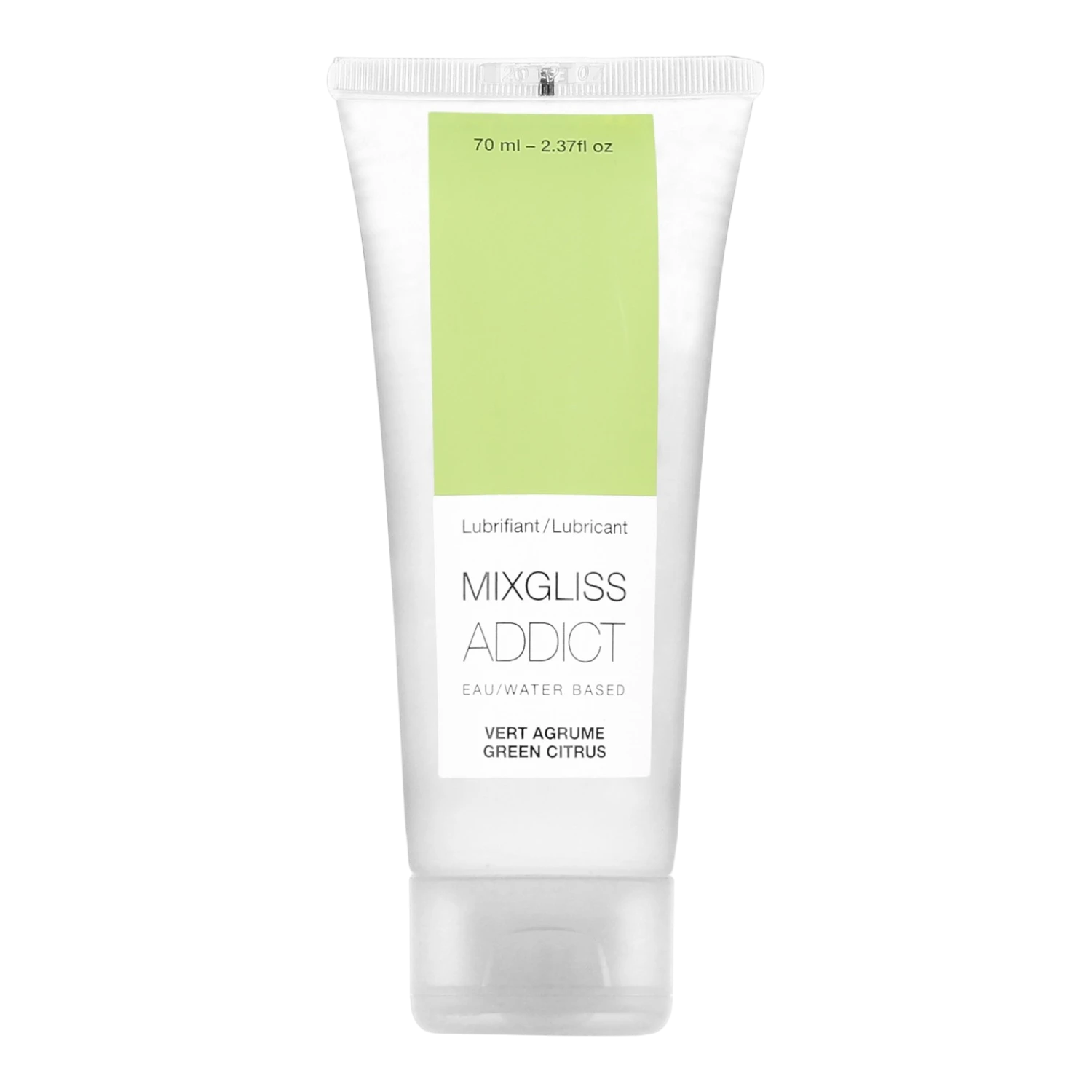 Tube de lubrifiant Mixgliss Addict 70ml à base d'eau, parfum vert agrume, packaging blanc et vert - Oh My God'Z