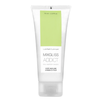 Tube de lubrifiant Mixgliss Addict 70ml à base d'eau, parfum vert agrume, packaging blanc et vert - Oh My God'Z