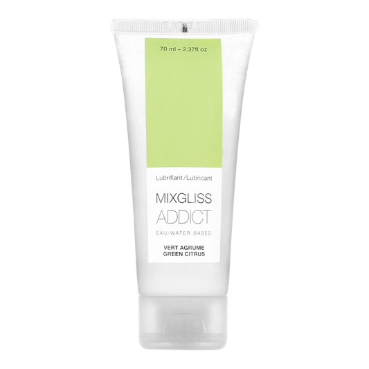 Tube de lubrifiant Mixgliss Addict 70ml à base d'eau, parfum vert agrume, packaging blanc et vert - Oh My God'Z