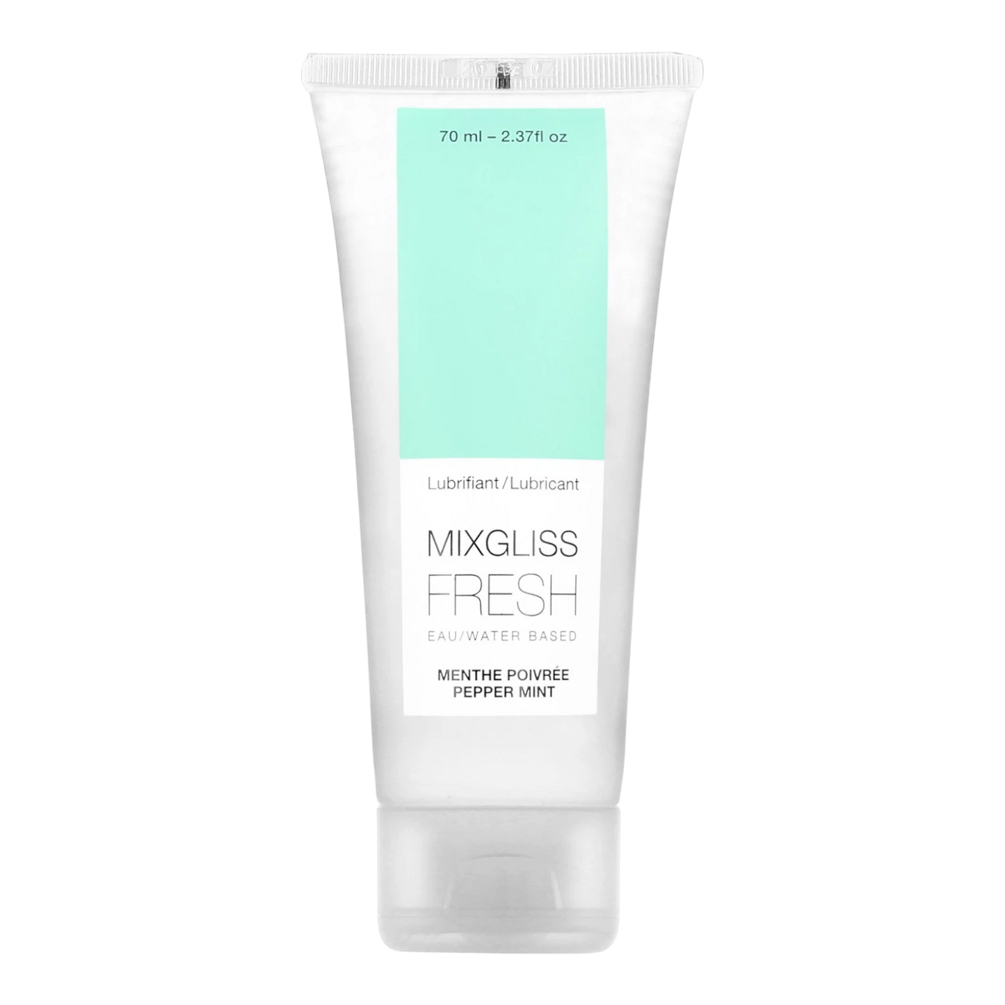 Tube de lubrifiant Mixgliss Fresh menthe poivrée 70ml, base eau, étiquette blanc et vert - Oh My God'Z