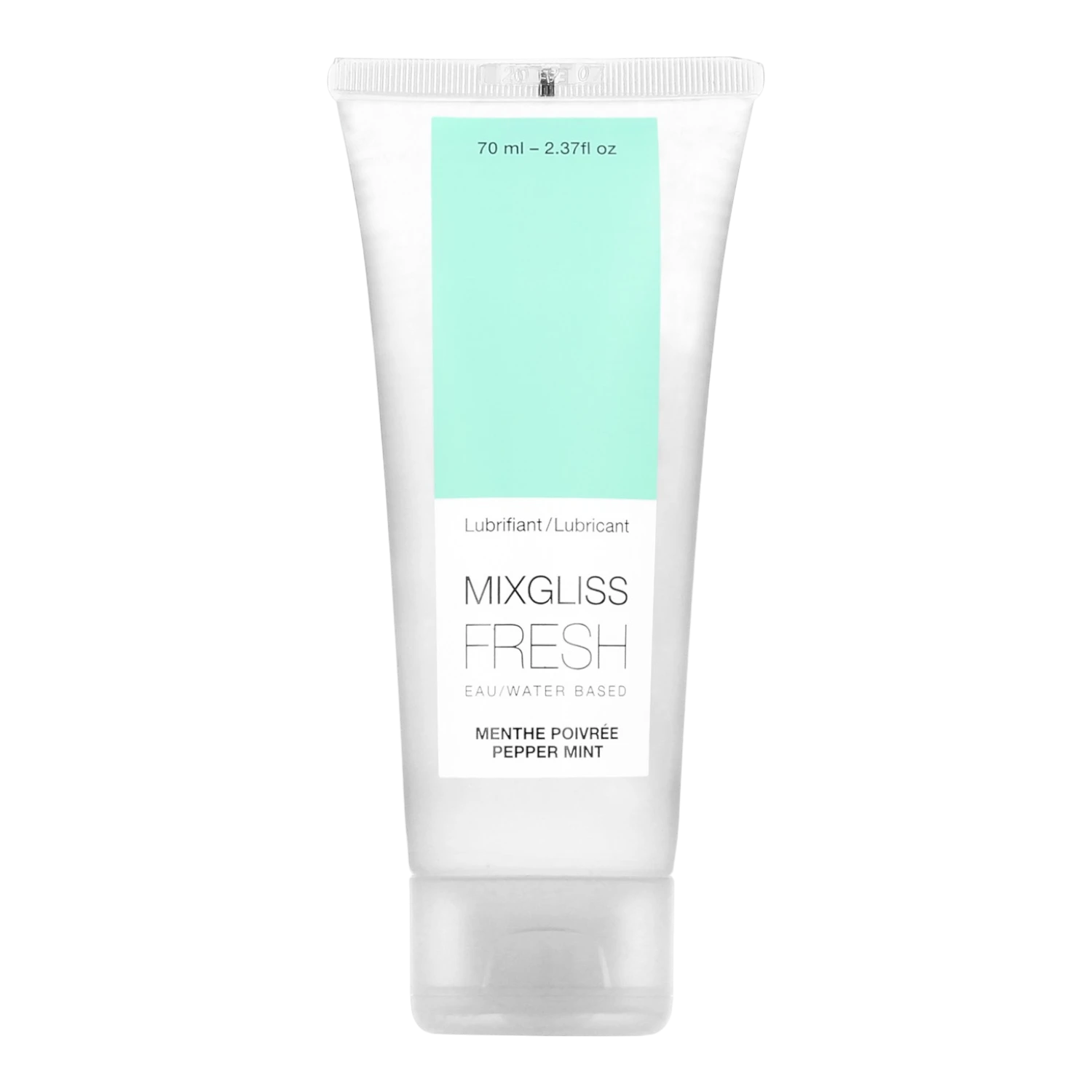 Tube de lubrifiant Mixgliss Fresh menthe poivrée 70ml, base eau, étiquette blanc et vert - Oh My God'Z