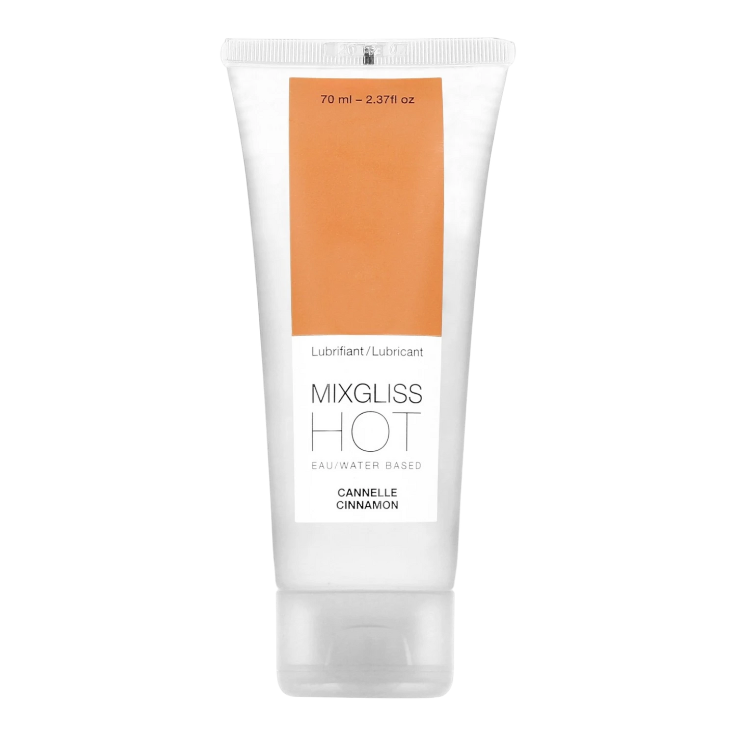 Tube de lubrifiant chauffant Mixgliss Hot à la cannelle, 70ml, base eau, emballage blanc et orange - Oh My God'Z