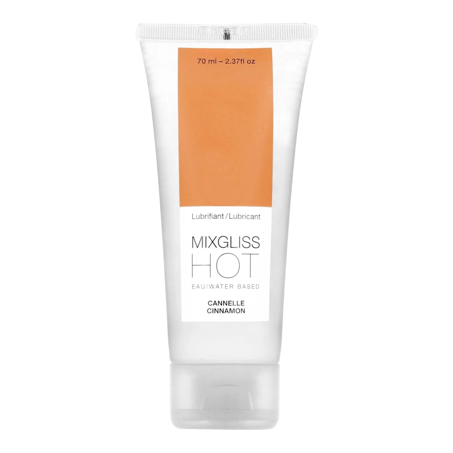Tube de lubrifiant chauffant Mixgliss Hot à la cannelle, 70ml, base eau, emballage blanc et orange - Oh My God'Z