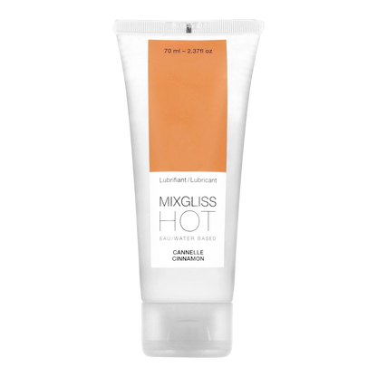 Tube de lubrifiant chauffant Mixgliss Hot à la cannelle, 70ml, base eau, emballage blanc et orange - Oh My God'Z