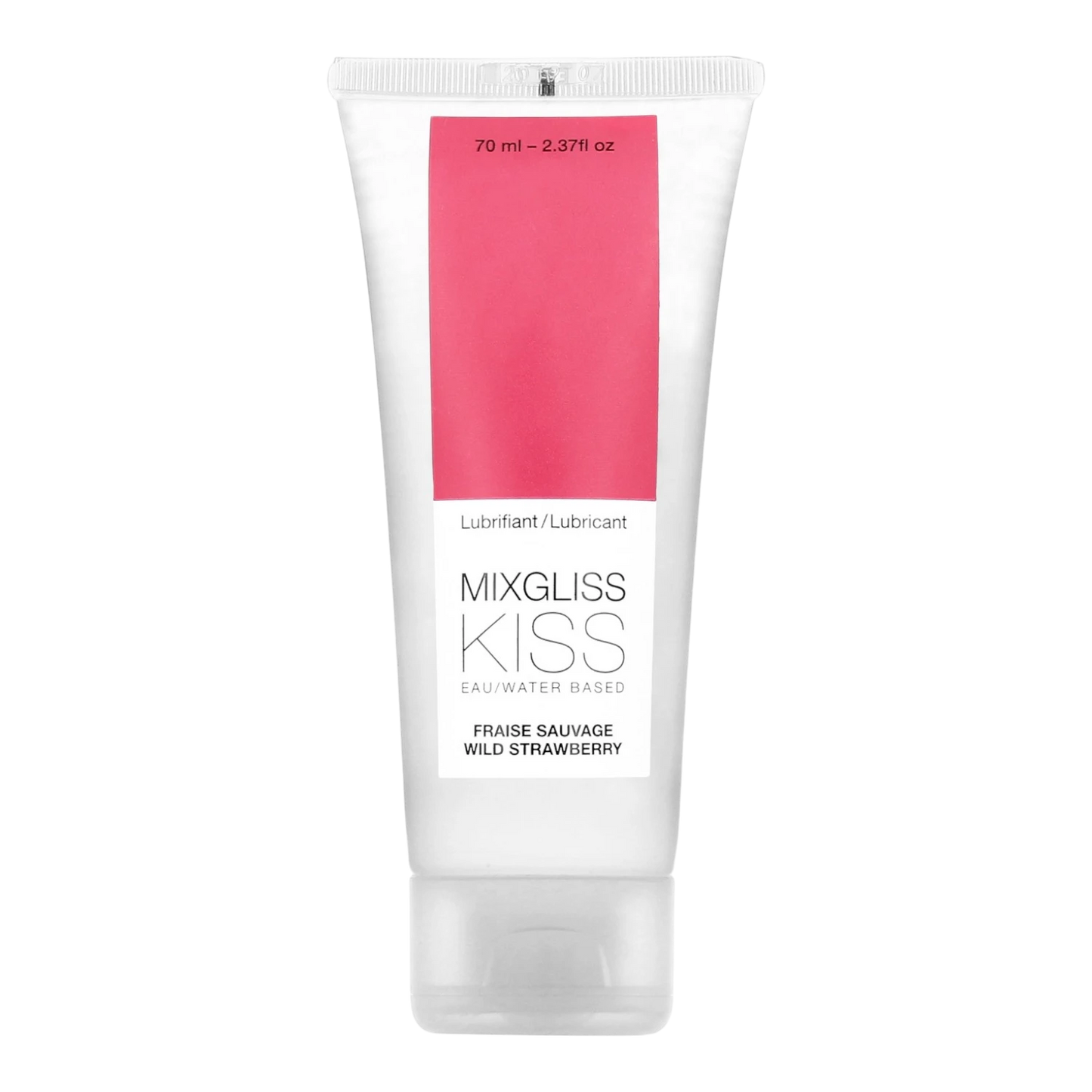 Tube de lubrifiant intime Mixgliss Kiss saveur fraise sauvage, base eau, 70ml, packaging blanc et rose - Oh My God'Z