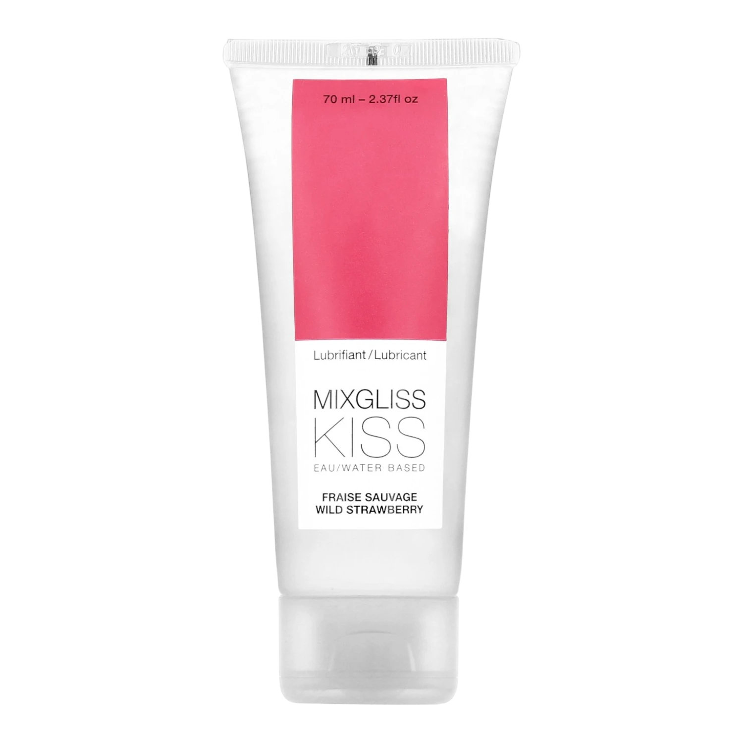 Tube de lubrifiant intime Mixgliss Kiss saveur fraise sauvage, base eau, 70ml, packaging blanc et rose - Oh My God'Z