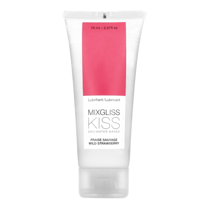 Tube de lubrifiant intime Mixgliss Kiss saveur fraise sauvage, base eau, 70ml, packaging blanc et rose - Oh My God'Z