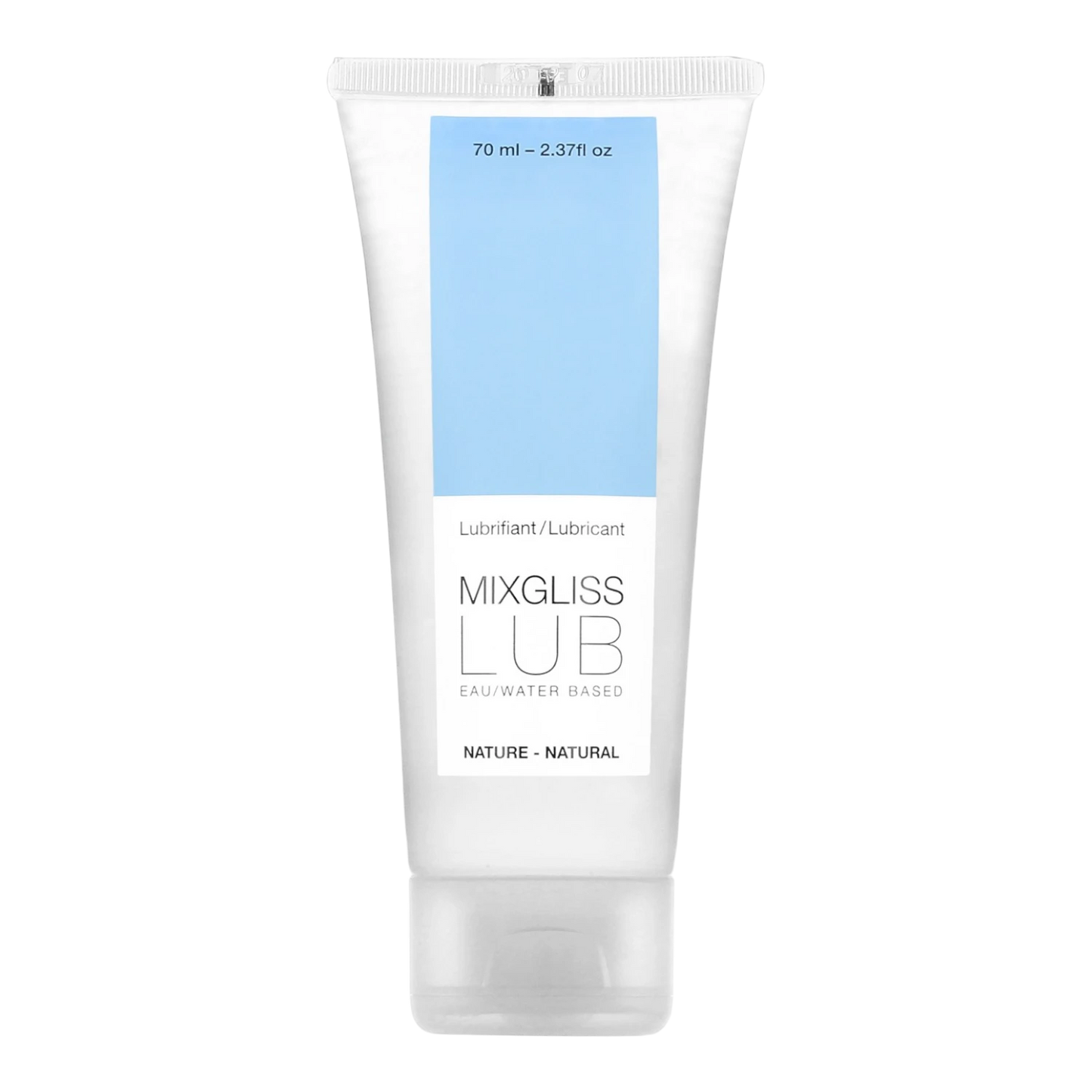 Tube de lubrifiant Mixgliss Lub nature 70ml à base d'eau, packaging blanc et bleu - Oh My God'Z