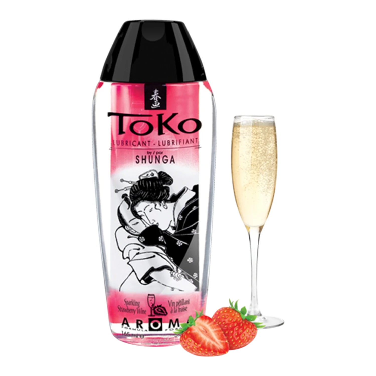 Lubrifiant Toko Shunga arôme fraise et champagne, flacon rose transparent 165ml avec illustration - Oh My God'Z