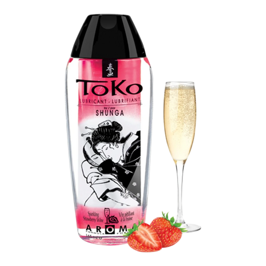 Lubrifiant Toko Shunga arôme fraise et champagne, flacon rose transparent 165ml avec illustration - Oh My God'Z