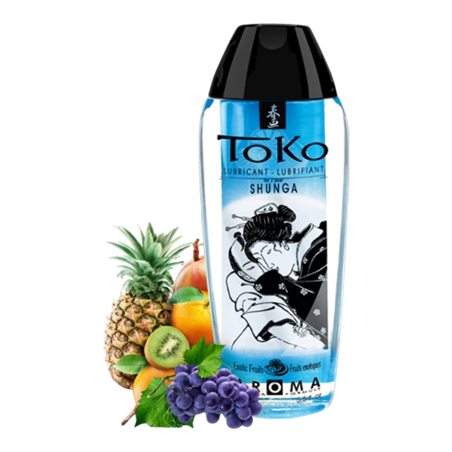Lubrifiant Toko Shunga fruits exotiques 165ml, flacon bleu transparent avec bouchon noir et fruits - Oh My God'Z