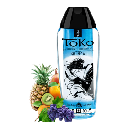 Lubrifiant Toko Shunga fruits exotiques 165ml, flacon bleu transparent avec bouchon noir et fruits - Oh My God'Z