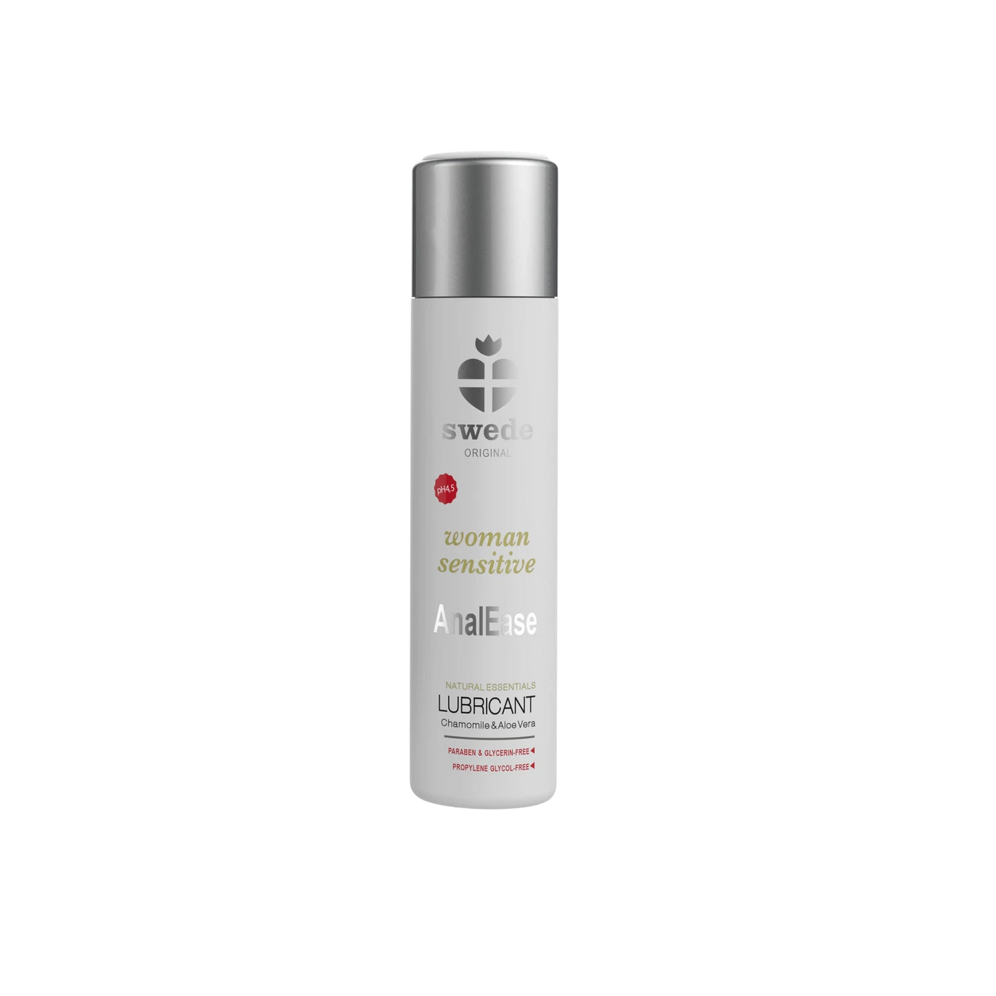 Flacon de lubrifiant intime Woman Sensitive AnalEase Swede 60ml, blanc avec bouchon argenté - Oh My God'Z