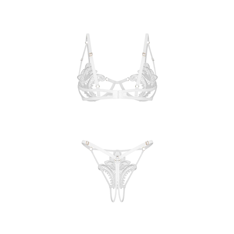 Detail produit de l'ensemble blanc Luise Sublim Obsessive, dentelle, anneaux dores et sangles reglables - Oh My God'Z