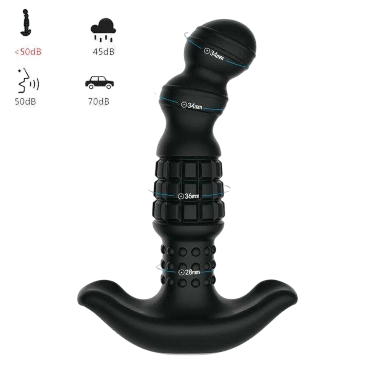 Dimensions du masseur prostatique noir: diametre 34mm, 36mm, 28mm, niveau sonore inferieur a 50dB - Oh My God'Z