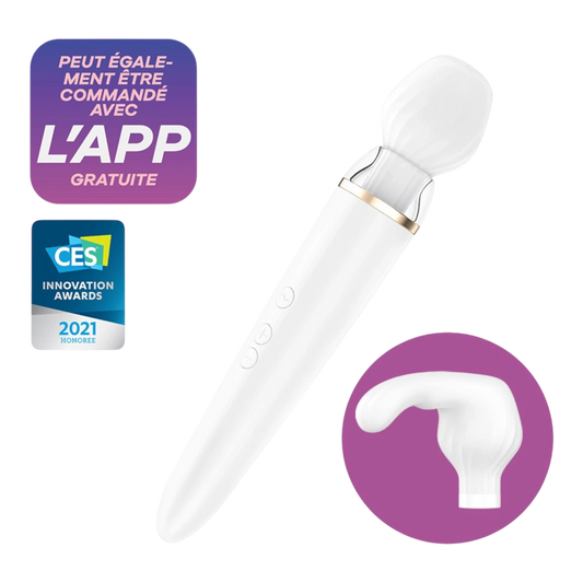 Masseur Satisfyer Double Wand blanc avec embouts interchangeables et badge CES Innovation Awards - Oh My God'Z