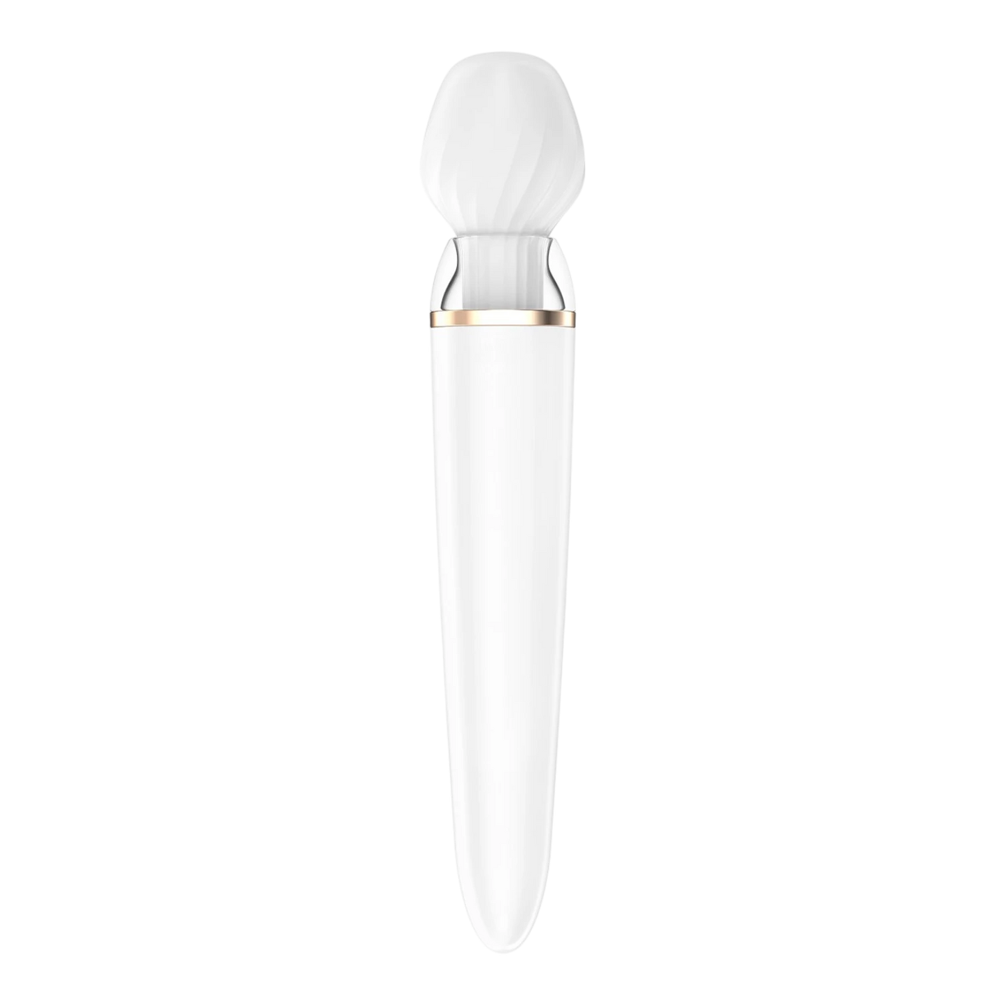 Masseur Satisfyer Double Wand blanc vue profil droit, anneau chromé et finition silicone lisse - Oh My God'Z