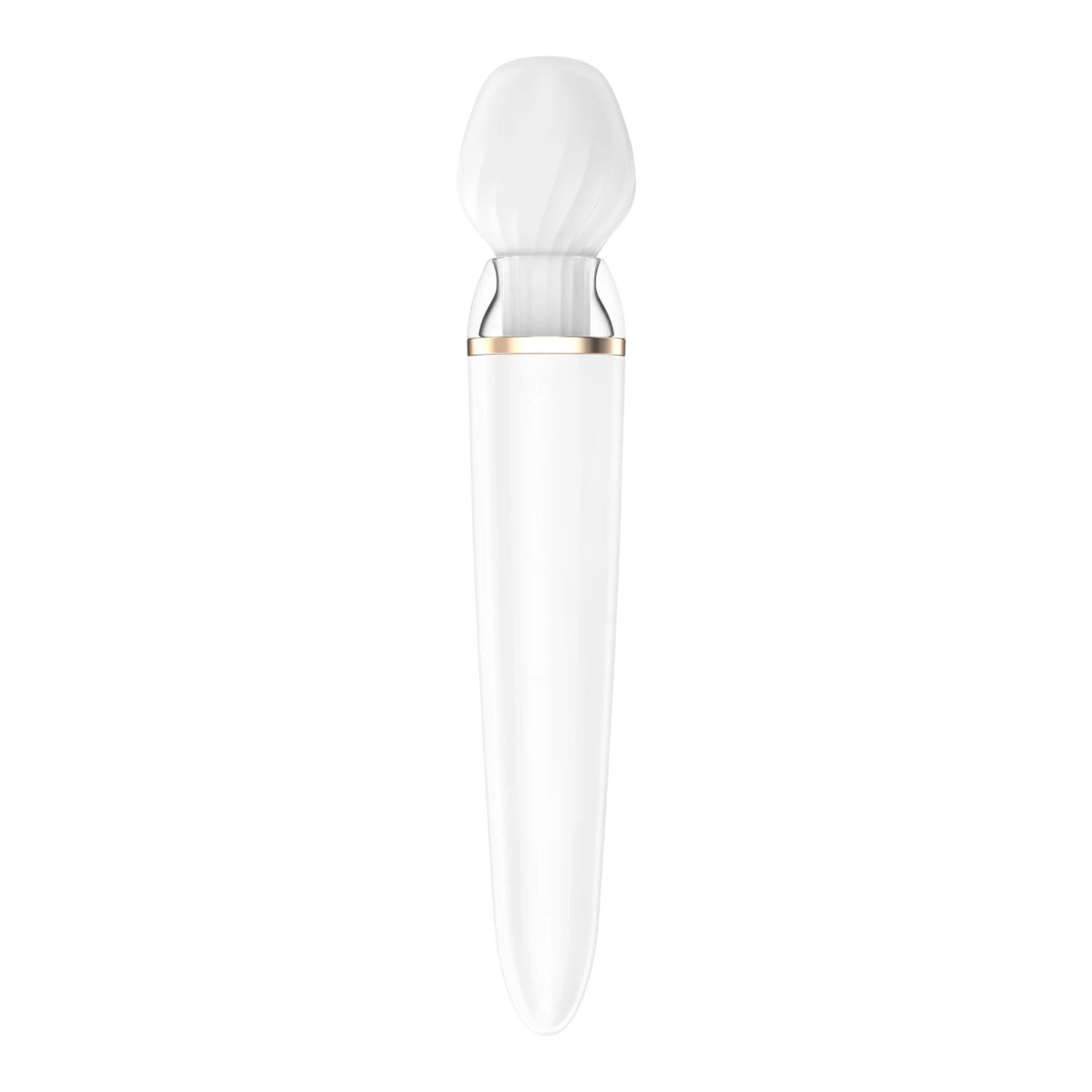 Masseur Satisfyer Double Wand blanc vue profil droit, anneau chromé et finition silicone lisse - Oh My God'Z