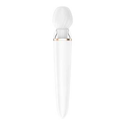 Masseur Satisfyer Double Wand blanc vue profil droit, anneau chromé et finition silicone lisse - Oh My God'Z