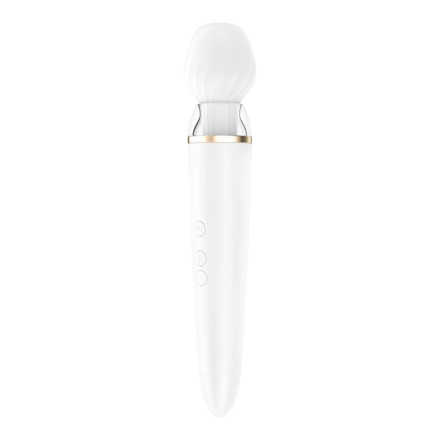Masseur Satisfyer Double Wand blanc avec embout rond vue face, trois boutons de contrôle visibles - Oh My God'Z