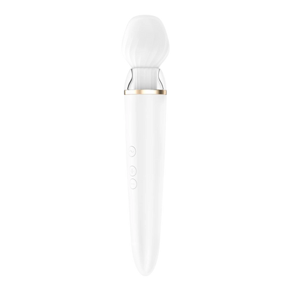 Masseur Satisfyer Double Wand blanc avec embout rond vue face, trois boutons de contrôle visibles - Oh My God'Z