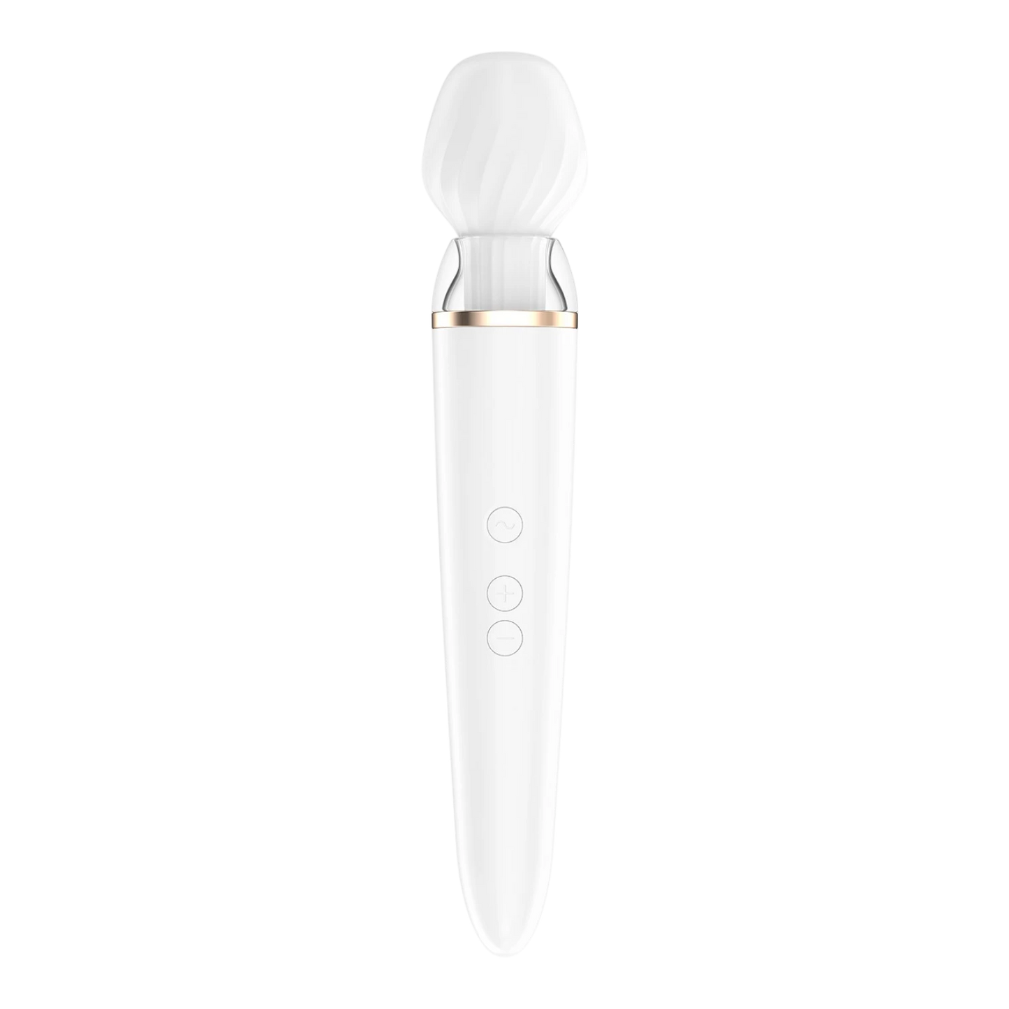 Masseur Satisfyer Double Wand blanc vue face complète avec trois boutons circulaires de commande - Oh My God'Z