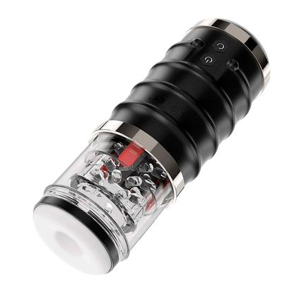 Vue rapprochée du masturbateur thrusting Warrior avec manchon transparent et détails en métal cuivré - Oh My God'Z