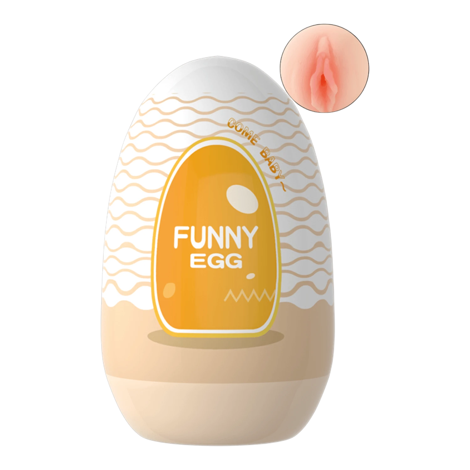 Masturbateur Funny Egg beige et orange avec motif vagues, design œuf réaliste en TPE extensible - Oh My God'Z