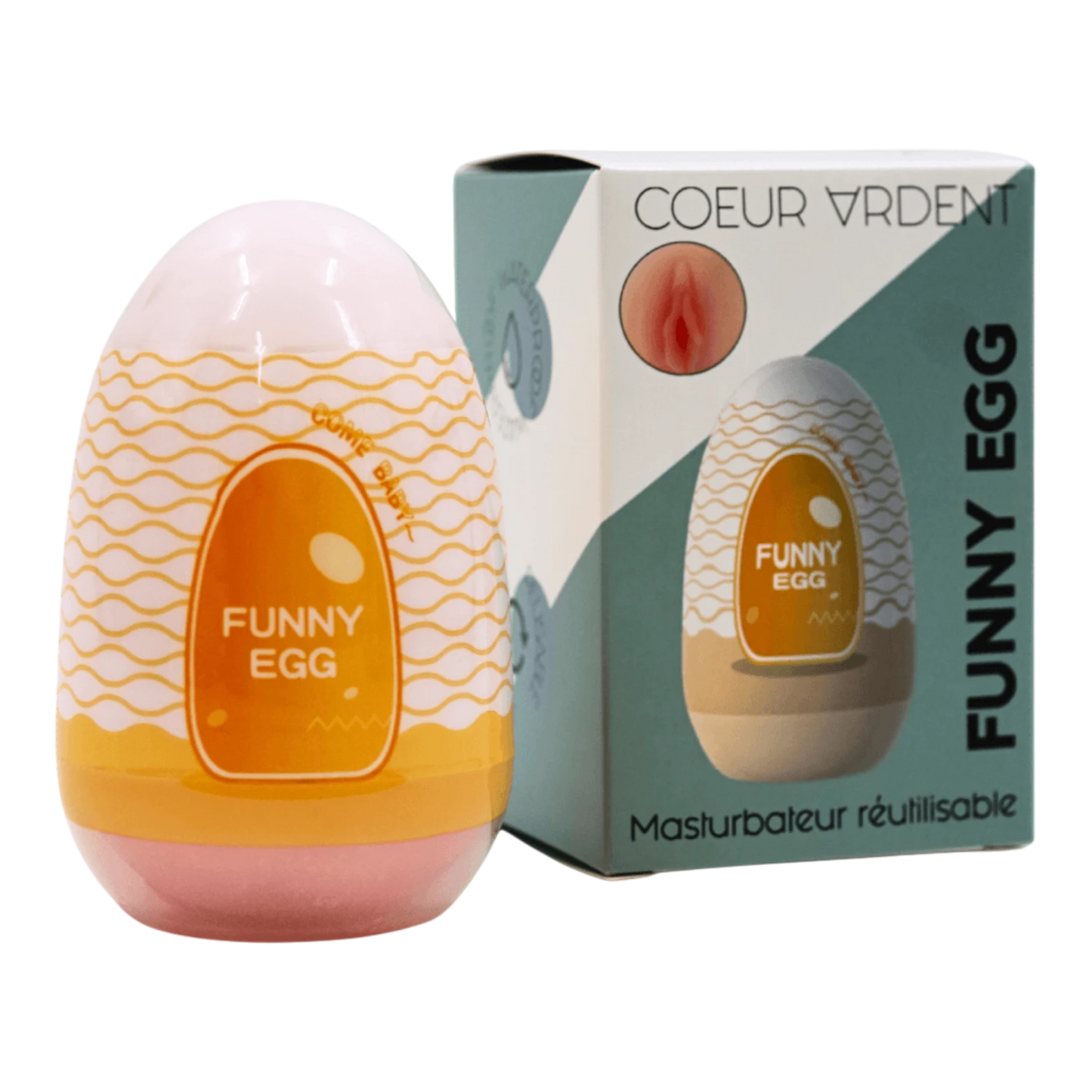 Masturbateur Funny Egg rose pale et orange avec boite Coeur Ardent, gaine réutilisable TPE design vagin - Oh My God'Z
