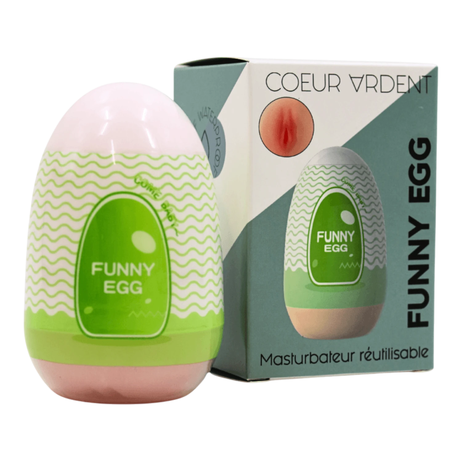 Masturbateur Funny Egg vert avec packaging Coeur Ardent, gaine réutilisable design vagin réaliste - Oh My God'Z